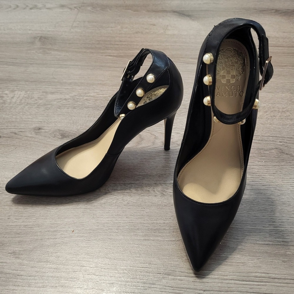 Vince Camuto Womens Black Leather Pearl Ankle Strap Pointed Toe Pumps Size 6